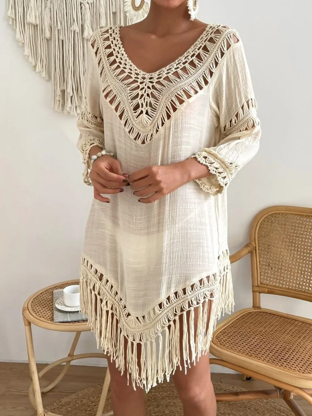 Apricot Women's Hollow Out Knitted Cover Up